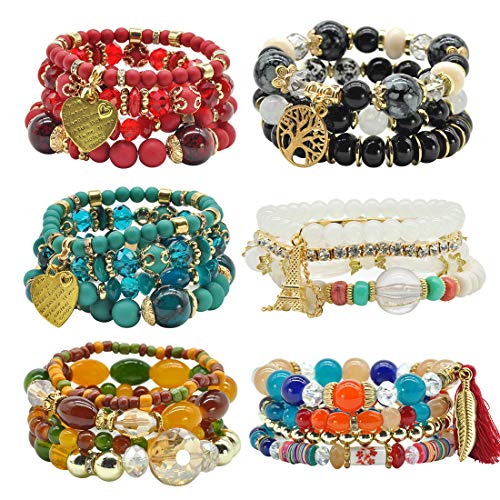 6 Sets Stackable Stretch Bracelets Multi-color Bohemian Bracelet Sets for Women