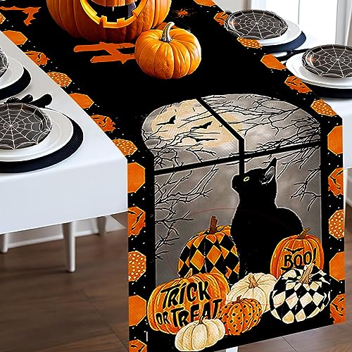 Pumpkins Cat Halloween Table Runner Trick Or Treat Kitchen Dining Table Decoration for Outdoor