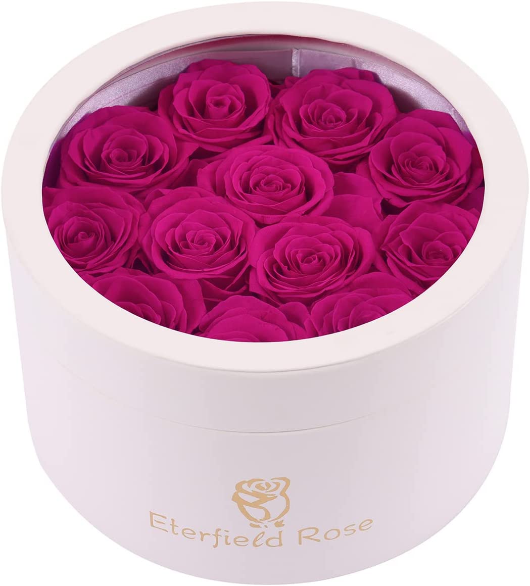 Eternal Rose in a Box Real Rose Without Fragrance Gift for Her (12 Hot Pink Roses, Round White PU Leather Box)