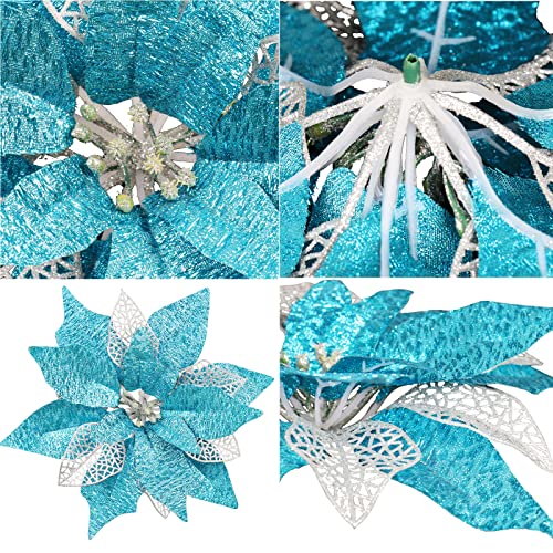 12Pcs Poinsettia Flowers Glitter Christmas Ornaments