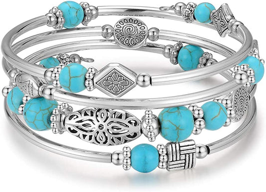 Layered Wrap Bangle Turquoise Bracelet-Bead Bracelet w/ Natural Agate Stone, 01-Turquoise