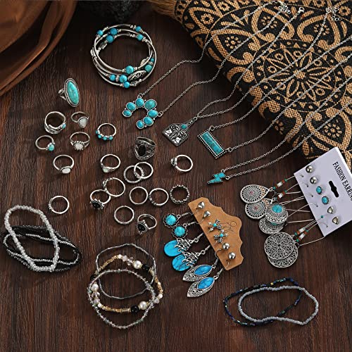 47 PCS Silver Bohemian Jewelry Set With 4pcs Turquoise Necklace,12 pairs Dangle Earrings, 11pcs Stackable Bangle Bracelets, 20pcs Knuckle Rings For Women Girls Vintage Western Boho Turquoise Anniversary Birthday Friendship Gift