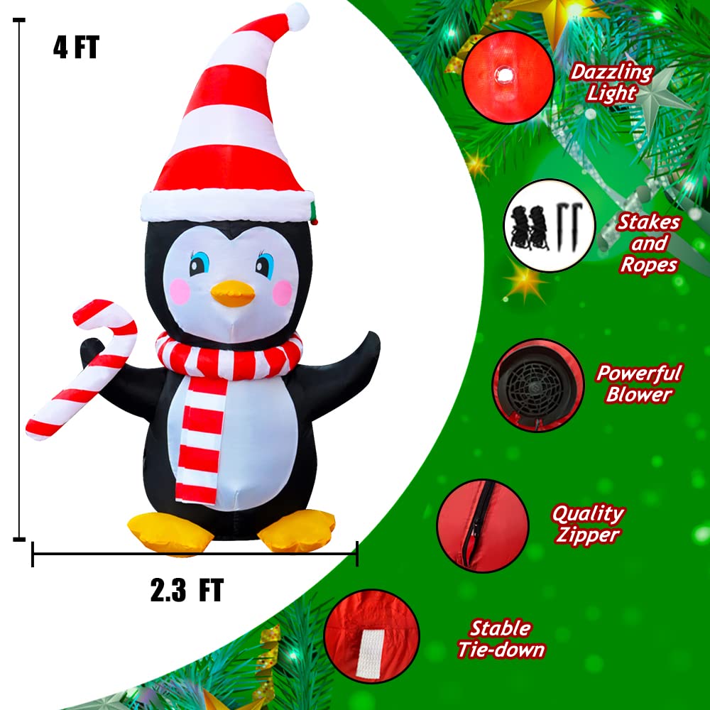 4 Ft LED Light Up Inflatable Christmas Penguin with Scarf & Candy Decoration for Yard Lawn Garden Home Party