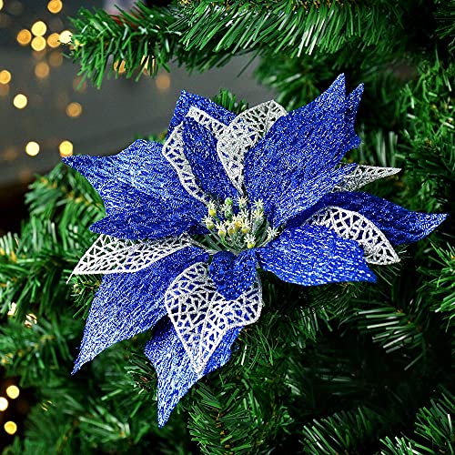 12Pcs Poinsettia Flowers Glitter Christmas Ornaments