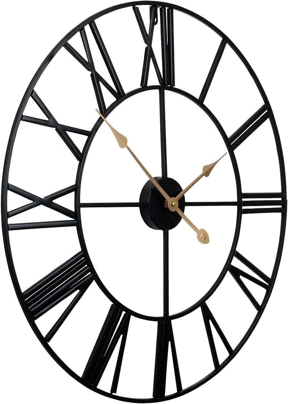 Decorative Wall Clock 24 Inch, Oversized Centurial Roman Numeral Style Modern Home Decoration- Black