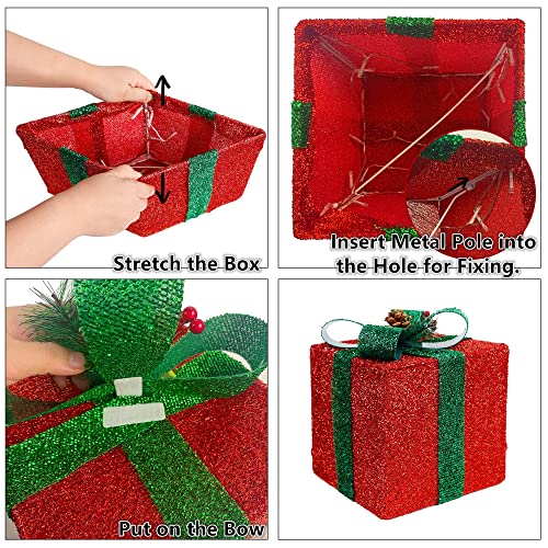 Twinkle Star Set of 3 Christmas Lighted Pop Up Gift Boxes Decorations, Tinsel Present Box, Pre-lit 60 LED Light