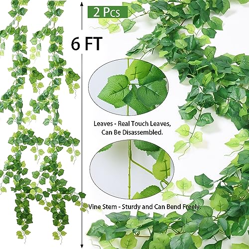 2 Strands Artificial Vines Scindapsus Garland 6FT Real Touch Fake Vine with Silk Green Leaves Faux Hanging Plants