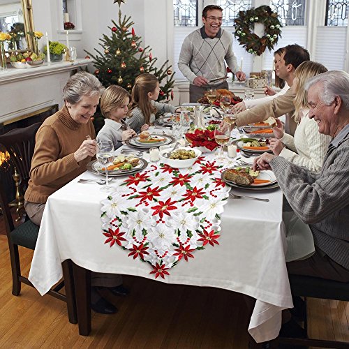 Poinsettia Christmas Embroidered Table Runners 15 x 69 Inch