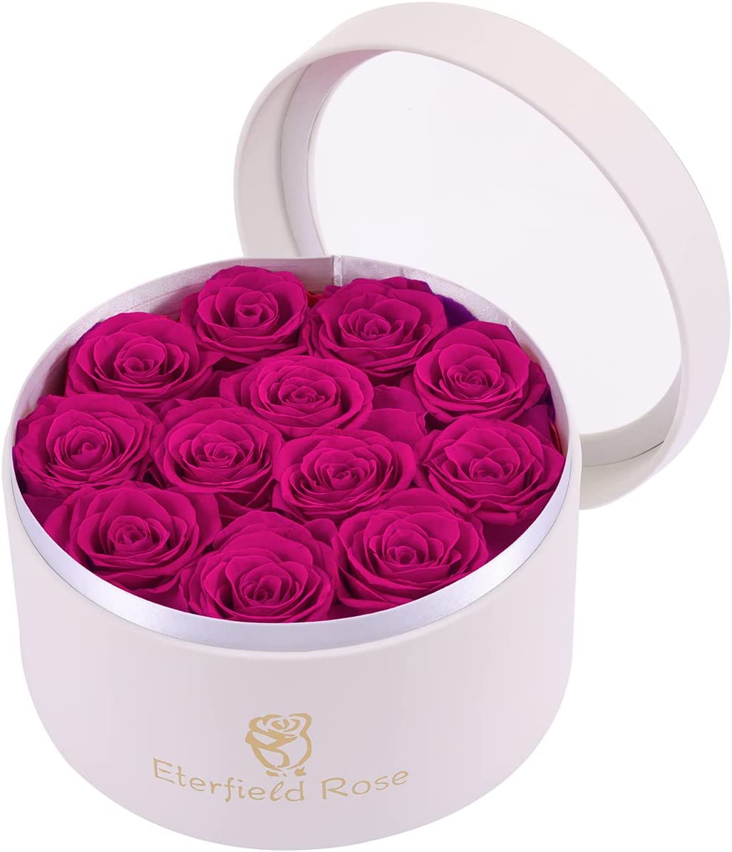 Eternal Rose in a Box Real Rose Without Fragrance Gift for Her (12 Hot Pink Roses, Round White PU Leather Box)