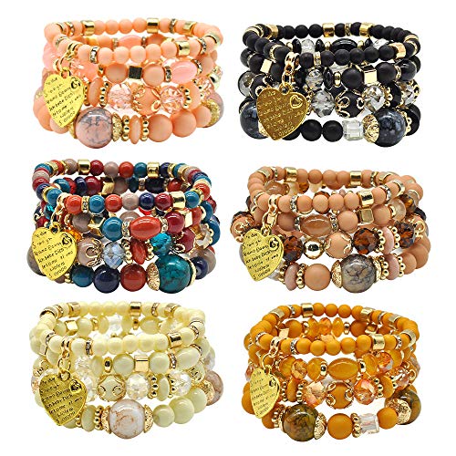 6 Sets Stackable Stretch Bracelets Multi-color Bohemian Bracelet Sets for Women