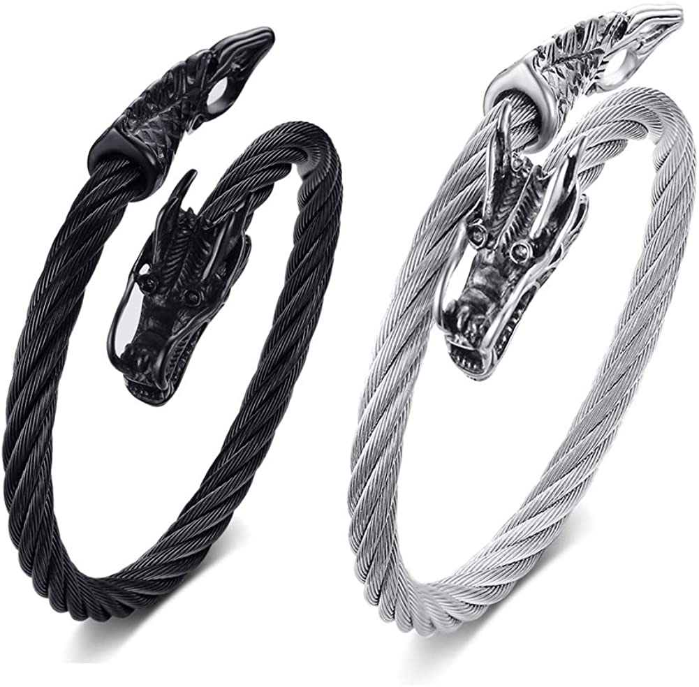 Men's Dragon Bracelet-Adjustable Stainless Steel Dragon Cuff Bangle-Steel Cable, A-Black + Silver 2pcs set