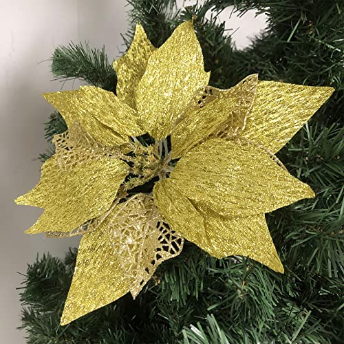 12Pcs Poinsettia Flowers Glitter Christmas Ornaments