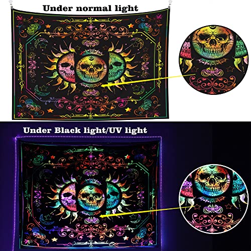 Psychedelic Blacklight Trippy Sun and Moon Stars UV Reactive Skull Tapestry 60x51 inch