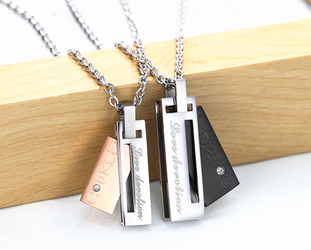 Couples Necklace w/ Rectangle Titanium Stainless Steel Pendant (Love Devotion) Lover's 1 Pair