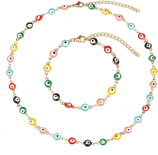 Evil Eye Necklace Bracelet Set for Women Girls,18k Gold Plated, Gold Mix Colorful Set