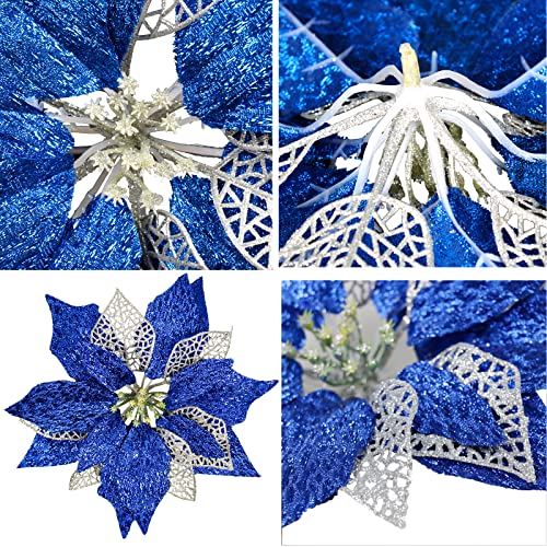 12Pcs Poinsettia Flowers Glitter Christmas Ornaments