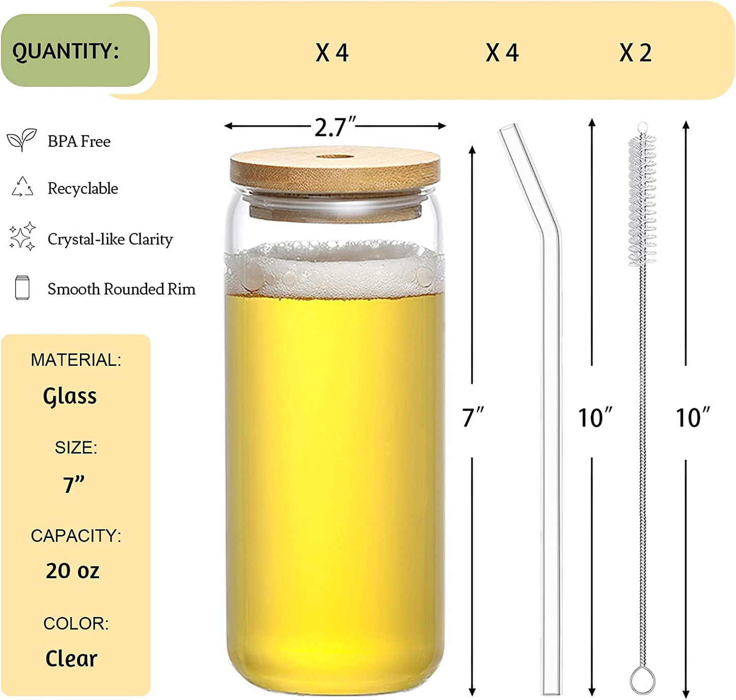 20 OZ Glass Cups with Bamboo Lids and Glass Straw - 4pcs Set Beer Can Shaped w/ 2 Cleaning Brushes