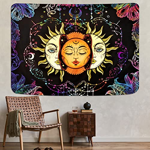 Psychedelic Sun and Moon Burning Sun Black Colorful Moon and Stars Tapestry ( 51.2 × 59.1 inches)