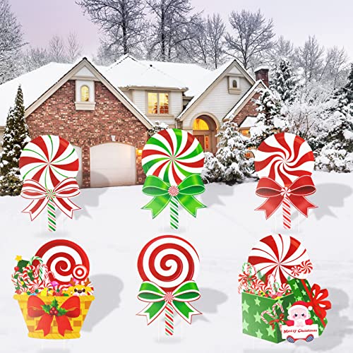 6 Pcs Candy Christmas Decorations Yard Signs  w/ Stakes