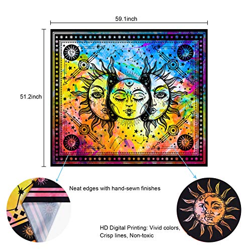 Psychedelic Burning Sun and Moon Colorful Starry Mystic Tapestry