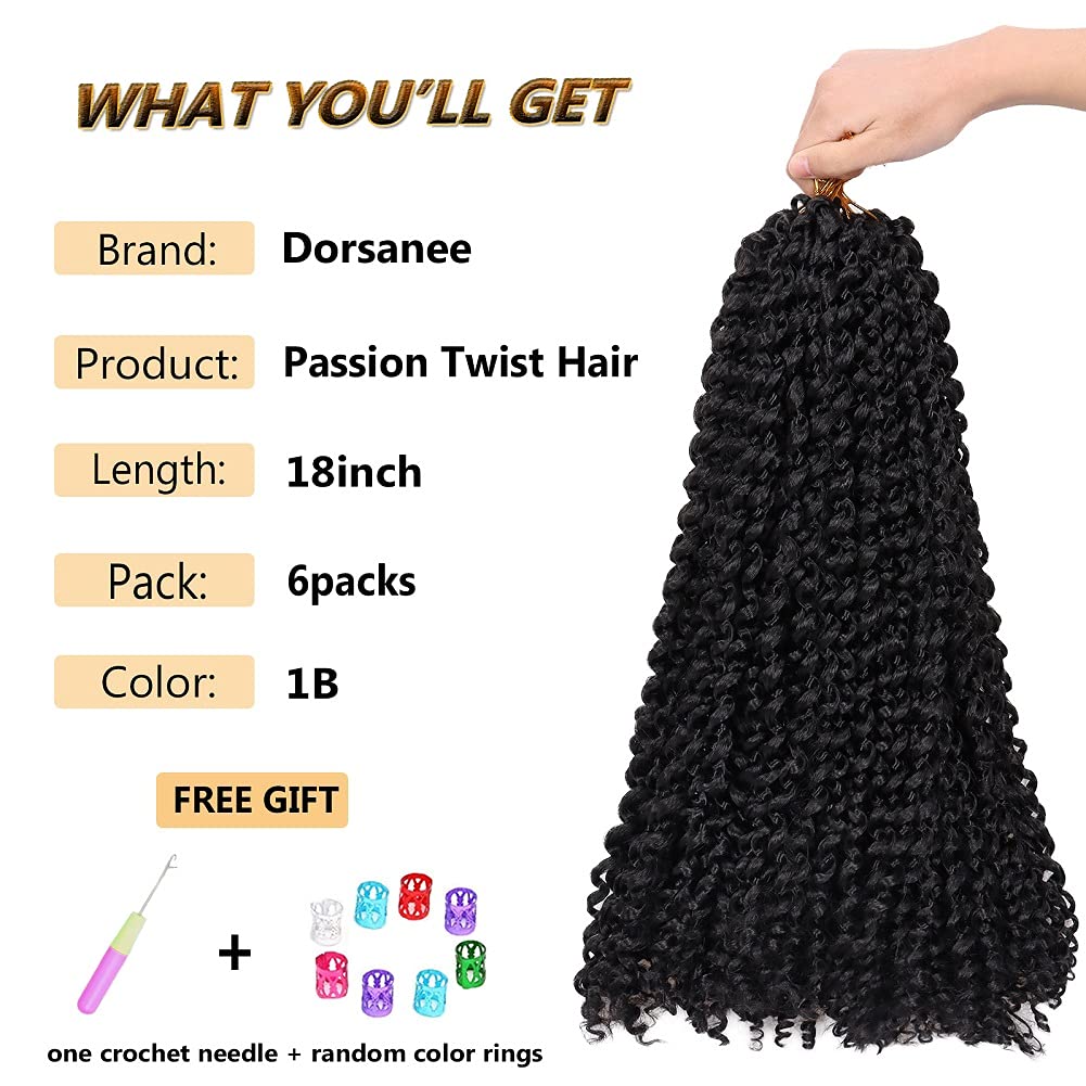 Passion Twist Hair, Water Wave Passion Twists for Butterfly Crochet Hair 18inch Long Bohemian Hair Extensions Natural Black 18 Inch (Pack of 6)