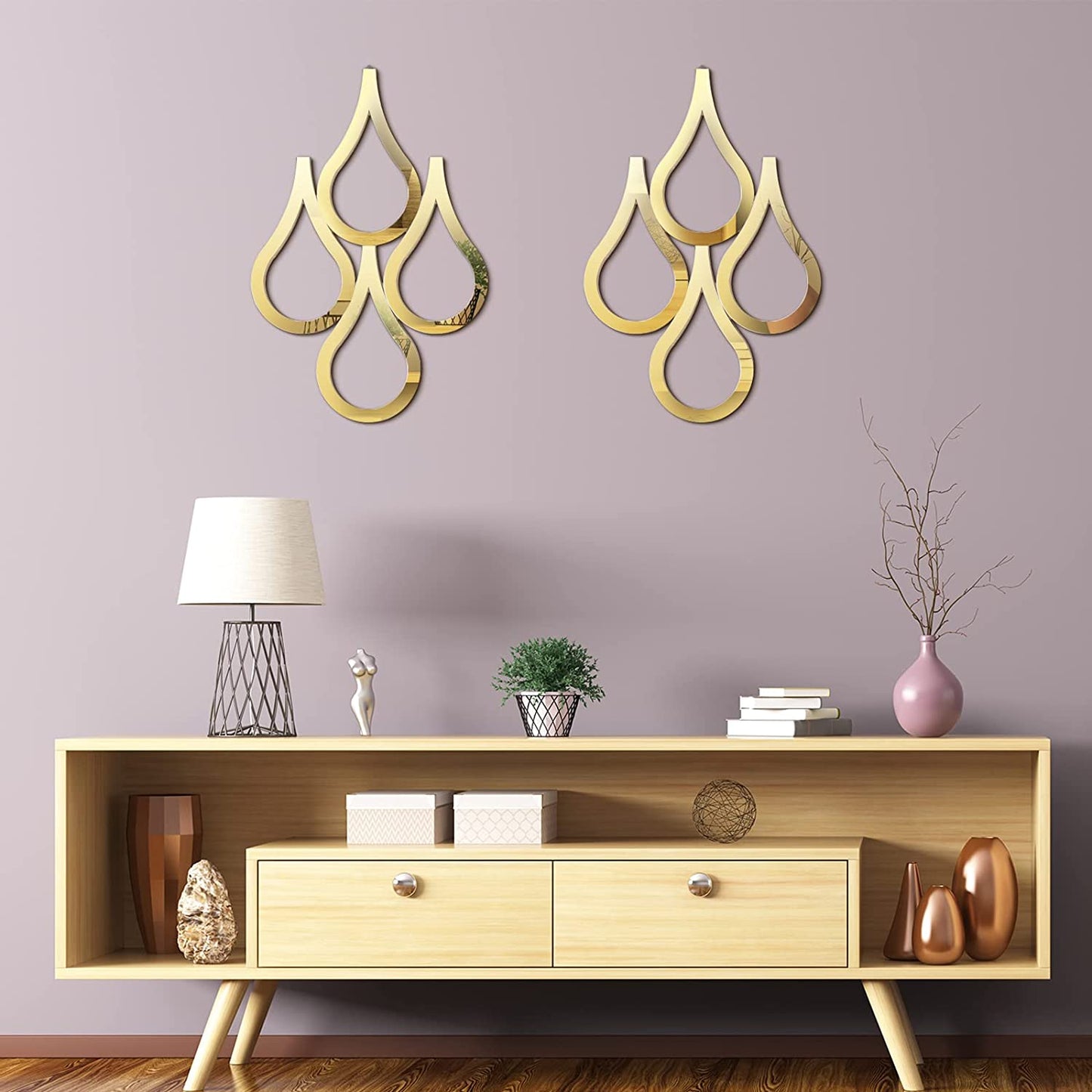 2 Pieces Teardrop Wall Mirror Hanging Decoration 15.7 x 11 Inch (Gold)