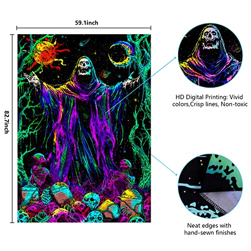 Blacklight Skull Tapestry UV Reactive Sun Moon Tapestries Gothic Wizard Skeleton Tapestry Colorful Witchy