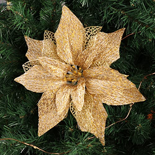 12Pcs Poinsettia Flowers Glitter Christmas Ornaments