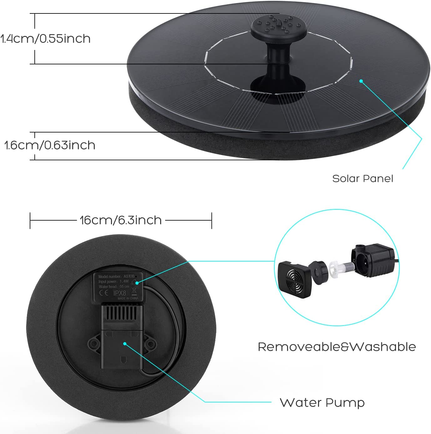 Solar Bird Bath Fountain Pump, Upgrade 1.4W Solar Fountain w/ 4 Nozzle, Free Standing Floating