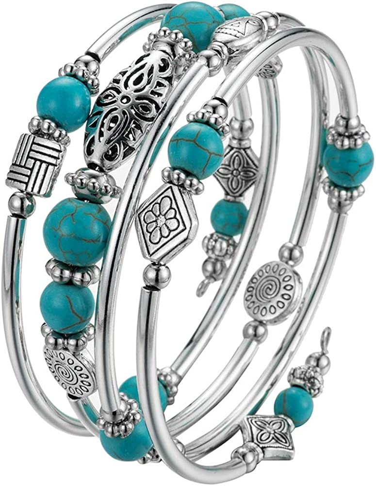 Layered Wrap Bangle Turquoise Bracelet-Bead Bracelet w/ Natural Agate Stone, 01-Turquoise