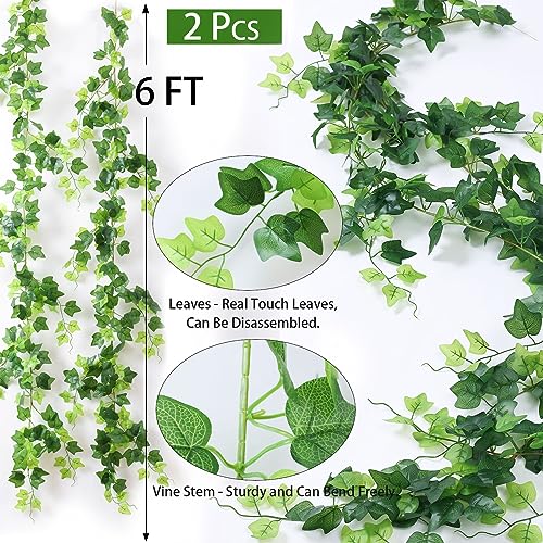 2 Strands Artificial Vines Scindapsus Garland 6FT Real Touch Fake Vine with Silk Green Leaves Faux Hanging Plants