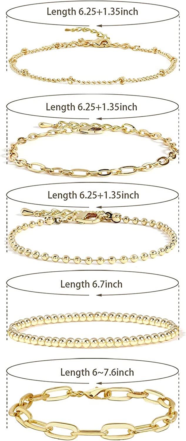 Gold Chain Bracelet Sets for Women Girls 14K Gold Plated Dainty Link Paperclip, Style-4