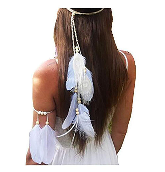 Set of 2 Women Lady Bohemian White Peacock Feather Headband Headdress & Armband