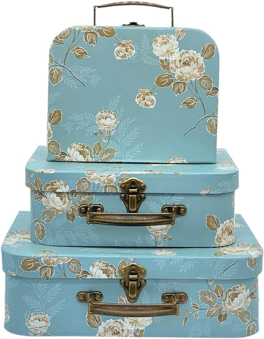 Set of 3 Decorative Vintage Storage Boxes w/ Lids (Acid Blue Flowers)