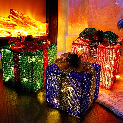 Twinkle Star Set of 3 Christmas Lighted Pop Up Gift Boxes Decorations, Tinsel Present Box, Pre-lit 60 LED Light