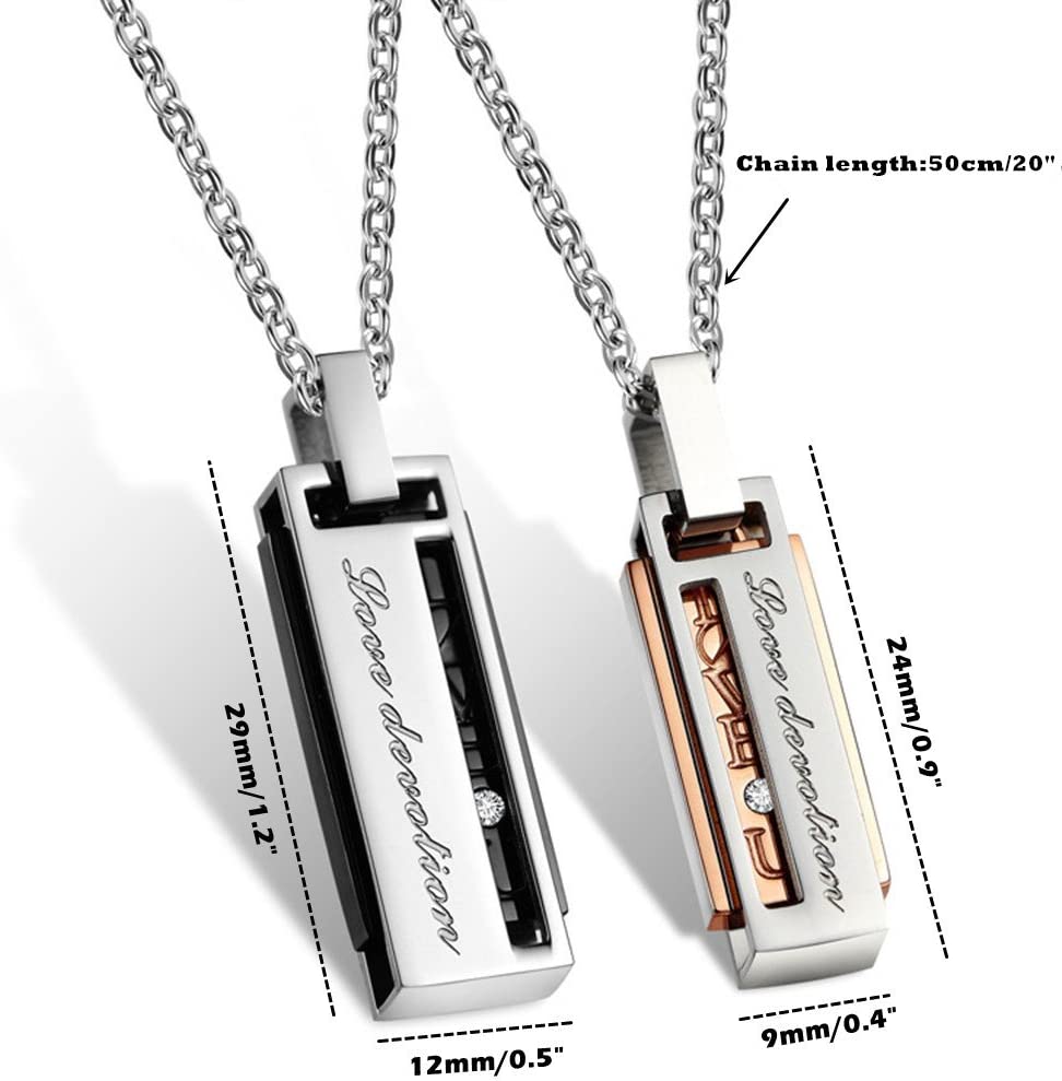 Couples Necklace w/ Rectangle Titanium Stainless Steel Pendant (Love Devotion) Lover's 1 Pair