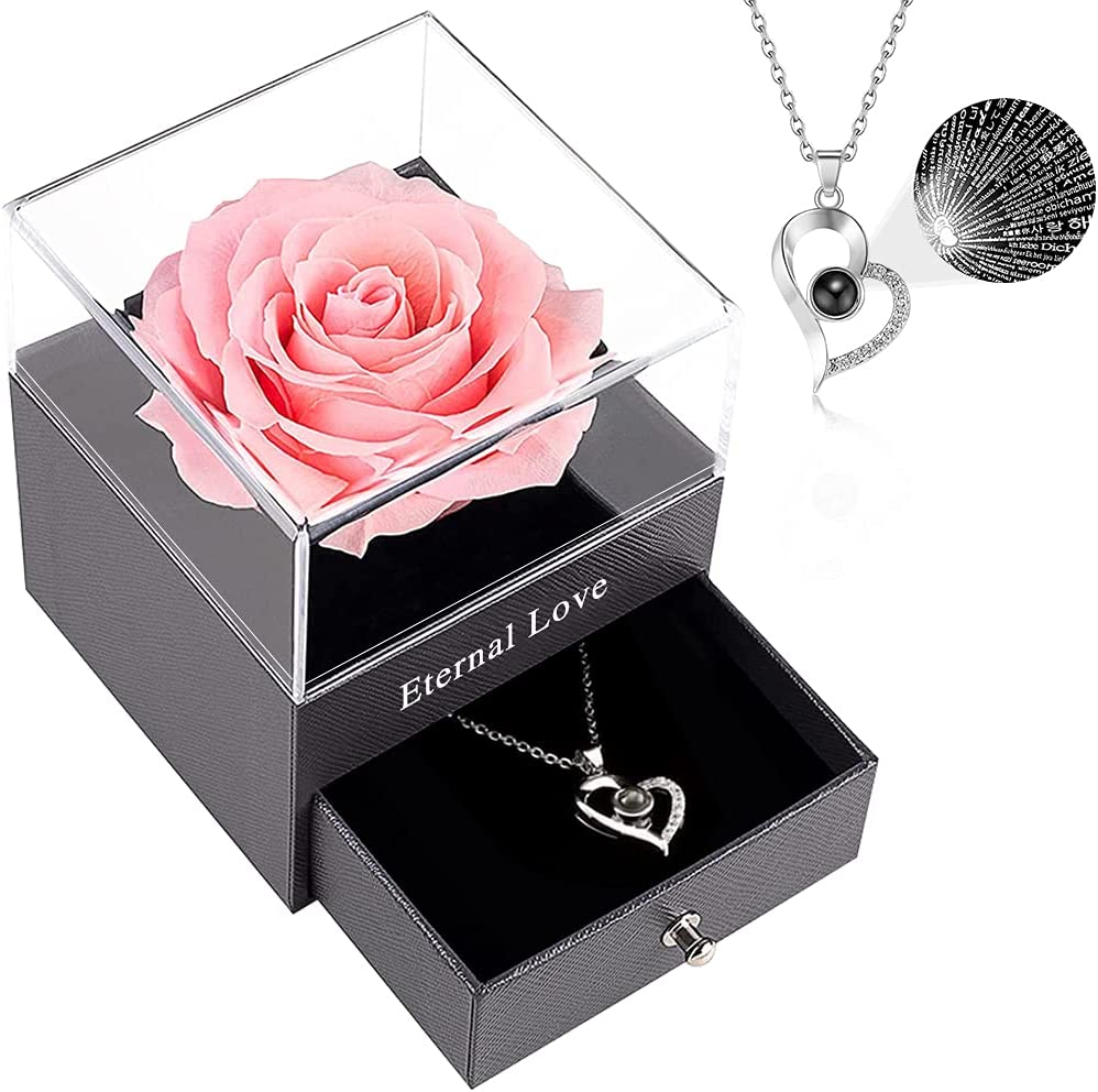 Preserved Real Rose w/ Heart Necklace I Love You in 100 Languages Gift Set, Pink Rose