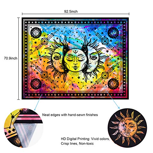 Psychedelic Burning Sun and Moon Colorful Starry Mystic Tapestry