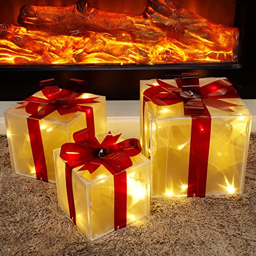 Twinkle Star Set of 3 Christmas Lighted Pop Up Gift Boxes Decorations, Tinsel Present Box, Pre-lit 60 LED Light