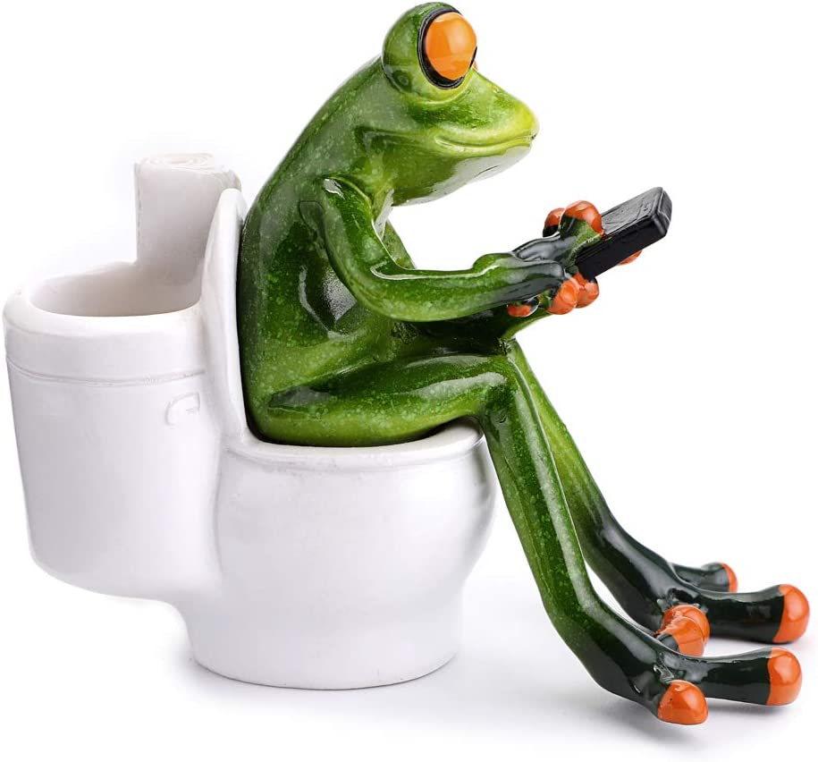 3D Craft Frog Figurine Statue Pencil Holder, Funny Green Frog Texting On Toilet  for Tabletop Decoration