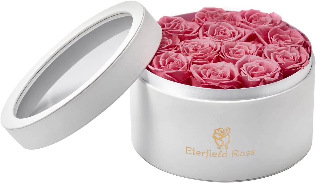 Preserved Roses That Last a Year Eternal Roses in Box Real Rose without Fragrance Gift for Her/Mothers Day(Pink Rose, Round White PU Leather Box)