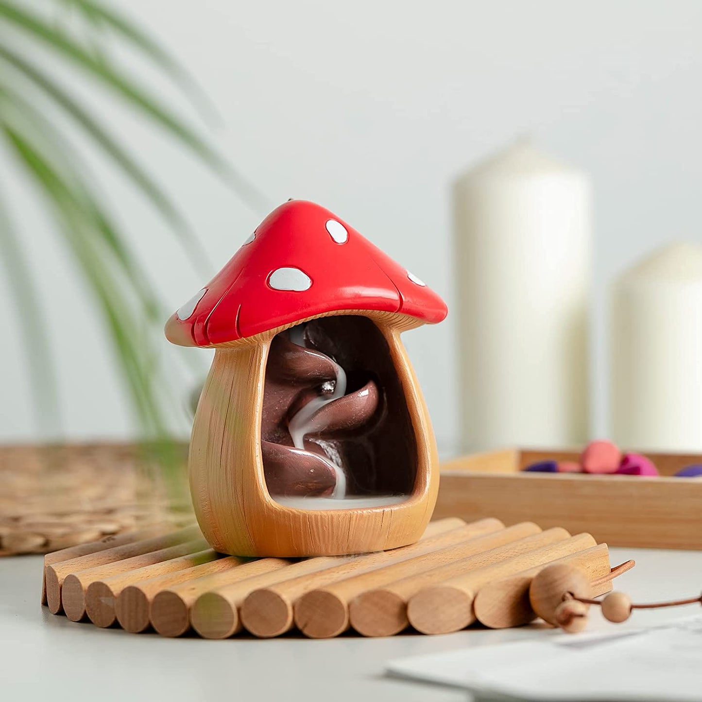 Cute Mushroom Incense Holder with 60 Incense Cones, Brown