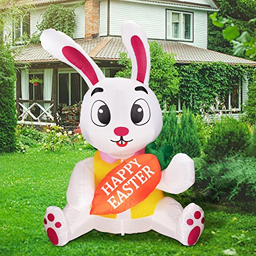 5 FT Cute Bunny Holding Carrots Easter Inflatable Decorations w/ Built-in LED