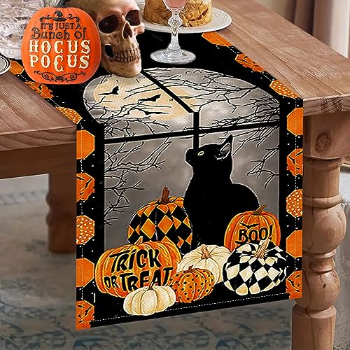 Pumpkins Cat Halloween Table Runner Trick Or Treat Kitchen Dining Table Decoration for Outdoor