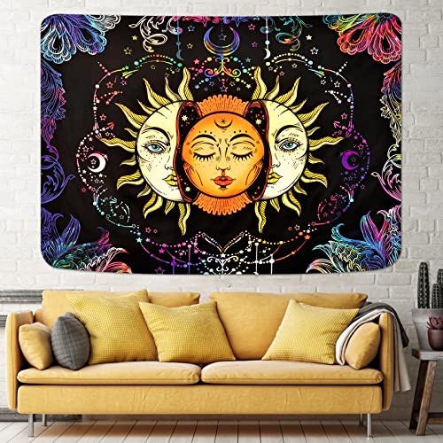 Psychedelic Sun and Moon Burning Sun Black Colorful Moon and Stars Tapestry ( 51.2 × 59.1 inches)