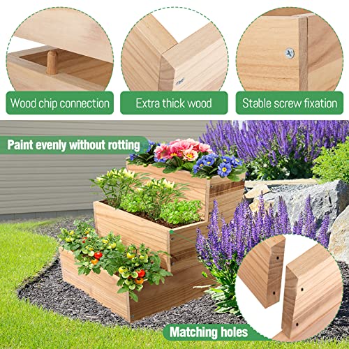 3 Tier Wooden Raised Plant Grow Box, 15.7" × 15.7" × 16.5" Elevated Planter