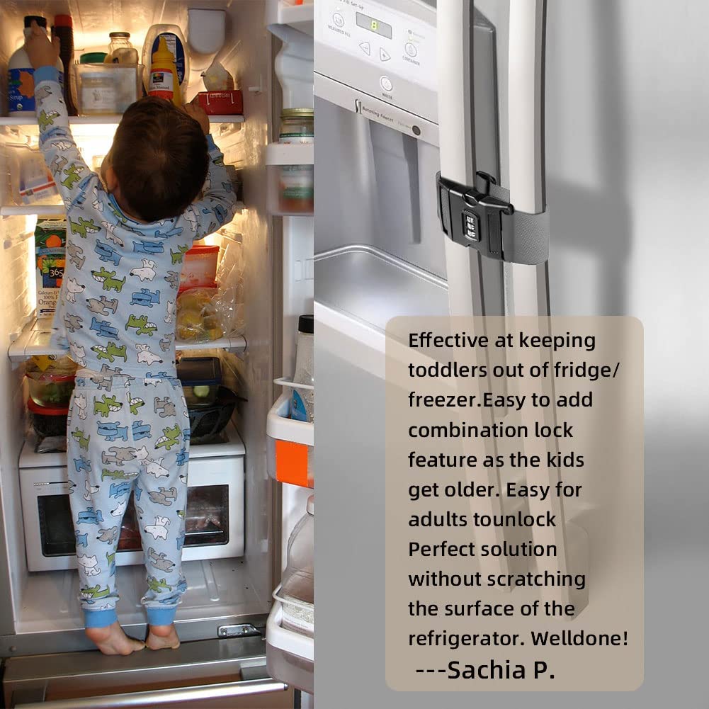 Fridge Freezer Refrigerator Cabinet Lock Latch, (2 Packs) Adjustable French Door Guard for Toddlers Children No Drill No Screw No Adhesive (2 Packs Grey)