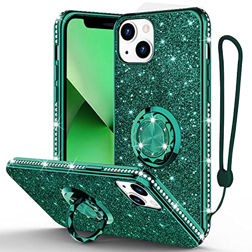 Phone Case for iPhone 13, Glitter Protective Case w/ 360 Degree Ring Stand