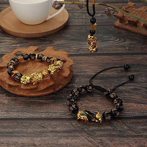 Set of 4 Feng Shui Pi Xiu Pi Yao Bracelet Necklace Set Black Obsidian Wealth Bracelet with Hand Carved Amulet Bead