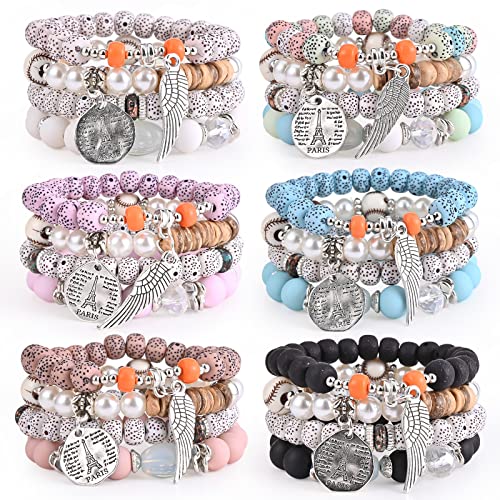 6 Sets Stackable Stretch Bracelets Multi-color Bohemian Bracelet Sets for Women